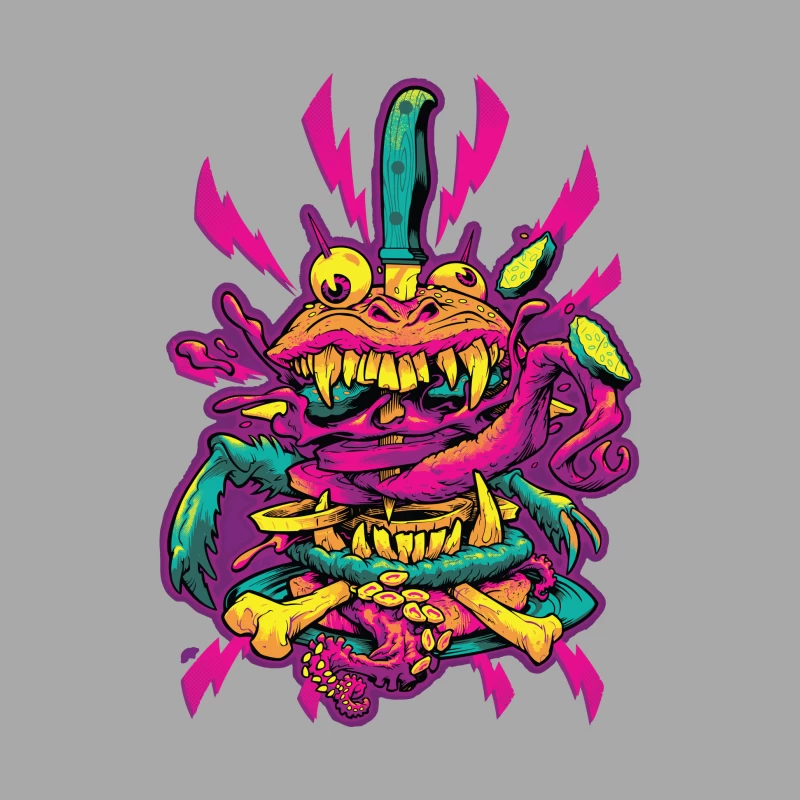 Colorful Grotesque Monster with Knife Male Pullover Hoodie