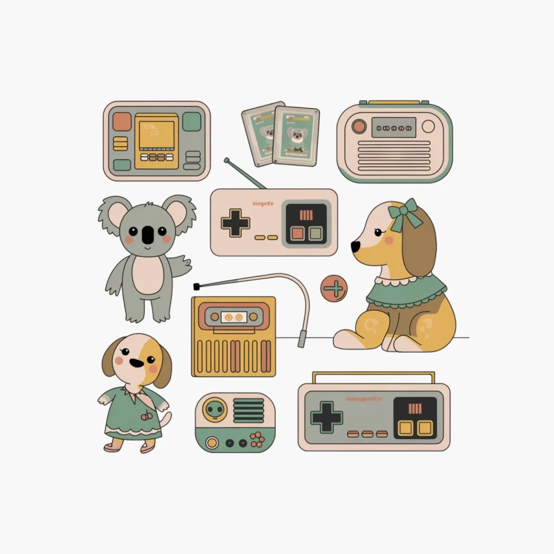 Nostalgic Mix of Retro Electronics and Cute Cartoon Animals Cotton Tote Bag