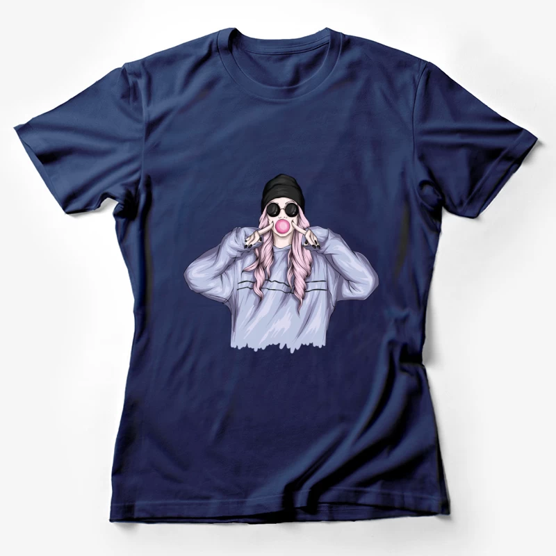 Playful Girl with Bubble Gum in Casual Outfit Female T-Shirt