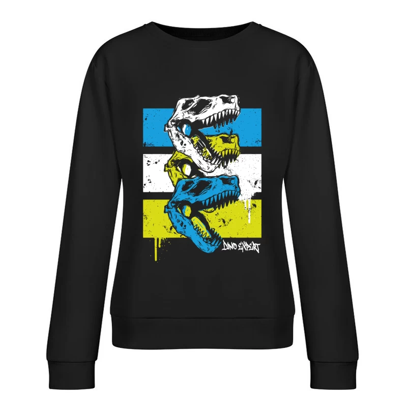 Layered T-Rex Skulls: Grunge Street Art Aesthetic Female Pullover Sweatshirt