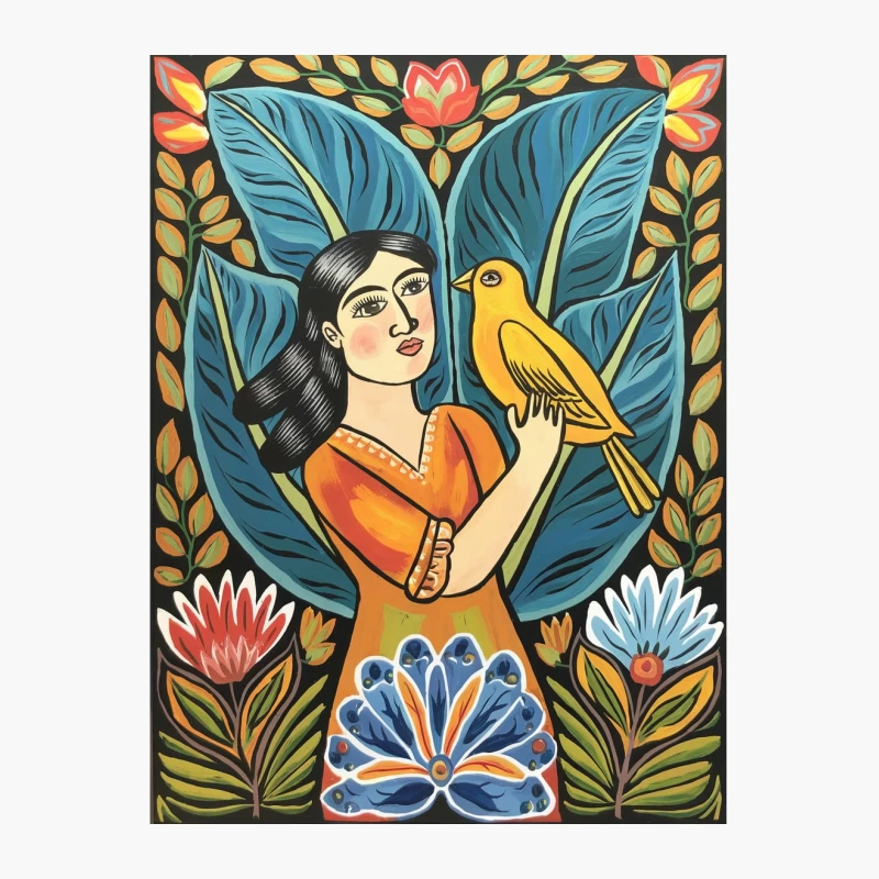 Vibrant Folk Art: Woman with Bird in Floral Setting Cotton Tote Bag