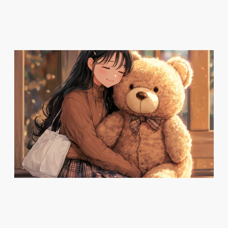 Cozy Anime Schoolgirl Hugging Teddy Bear by Sunlit Window Travel Mug