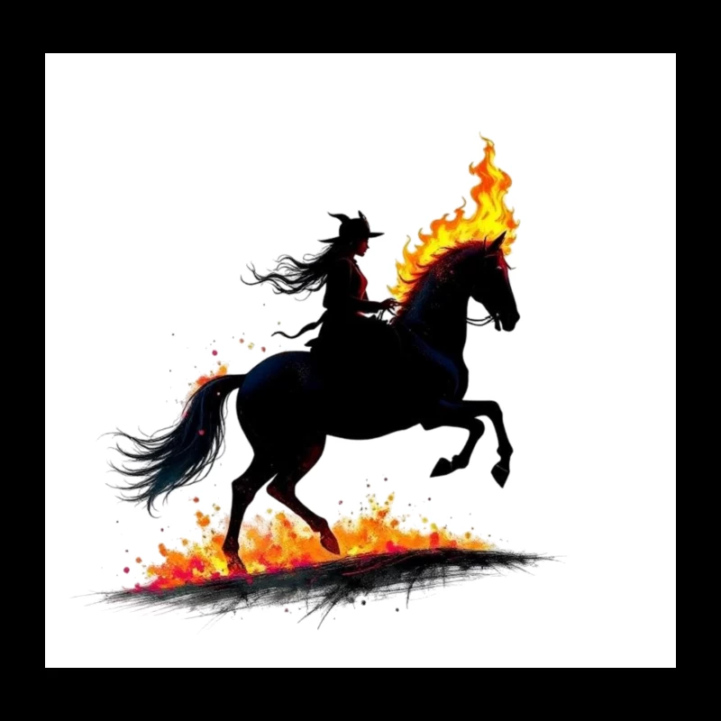 Mystical Dark Rider with Flaming Horse Silhouette Throw Pillow