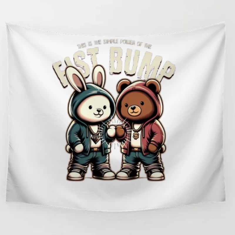 Cartoon Bunny and Bear Friends in Hip Hop Streetwear Sharing a Fist Bump Tapestry