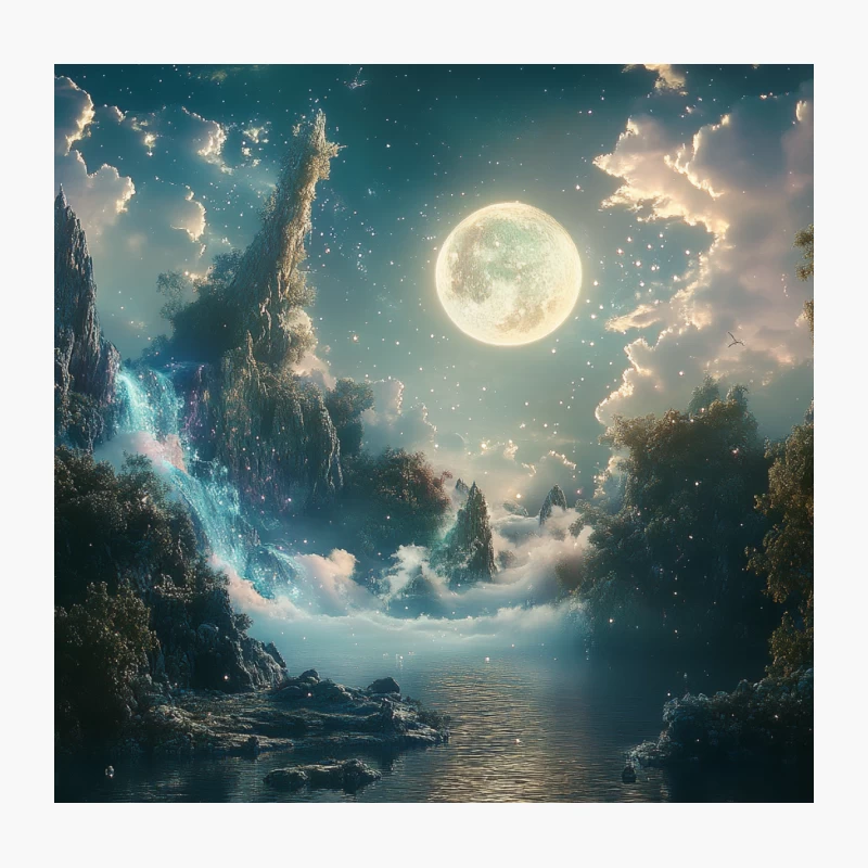 Enchanted Moonlit Waterfall in a Mystical Realm Throw Pillow
