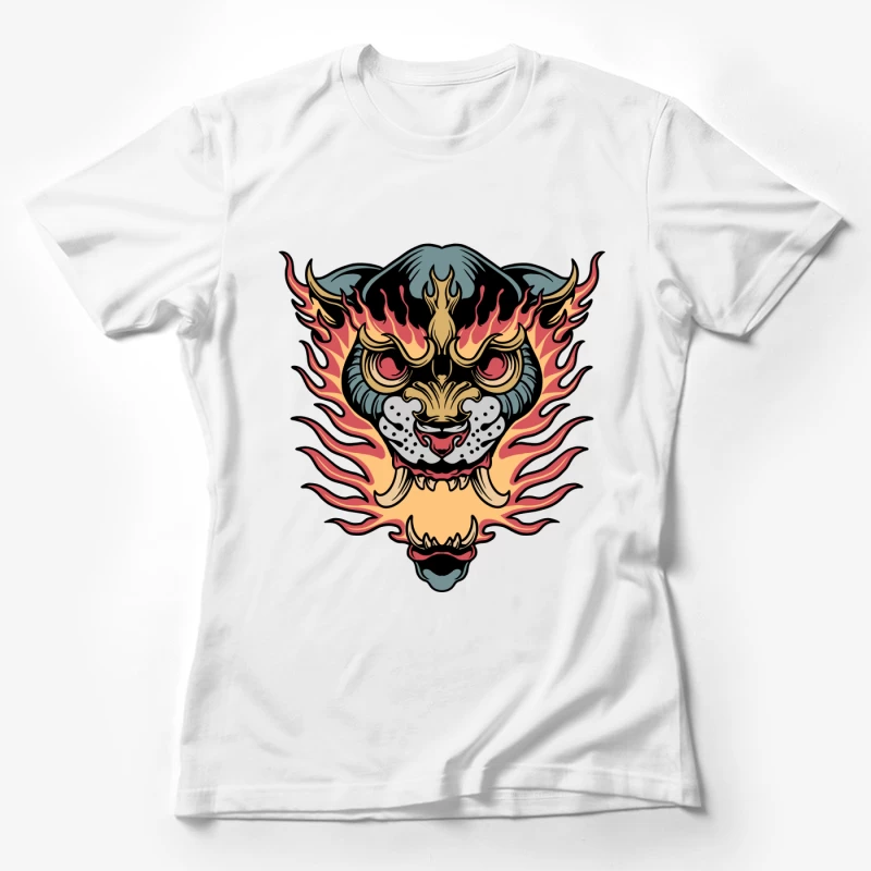 Flaming Tiger Head Design Female T-Shirt