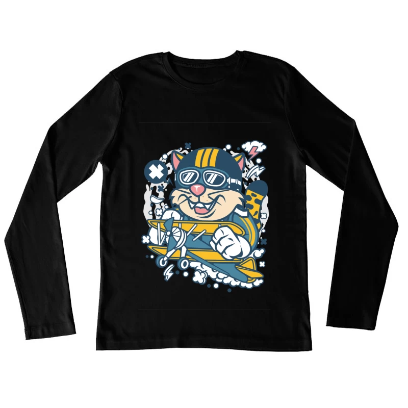 Chat aviateur avec avion biplan coloré Femme Manches Longues T-Shirt