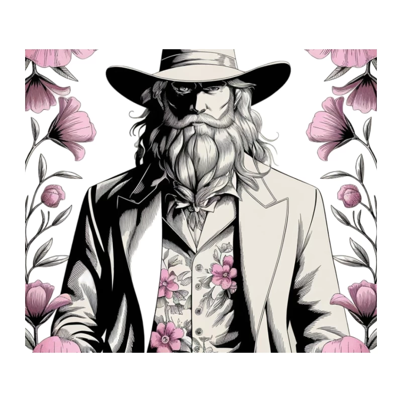 Bearded Cowboy Portrait Surrounded by Pink Floral Illustration Tapestry