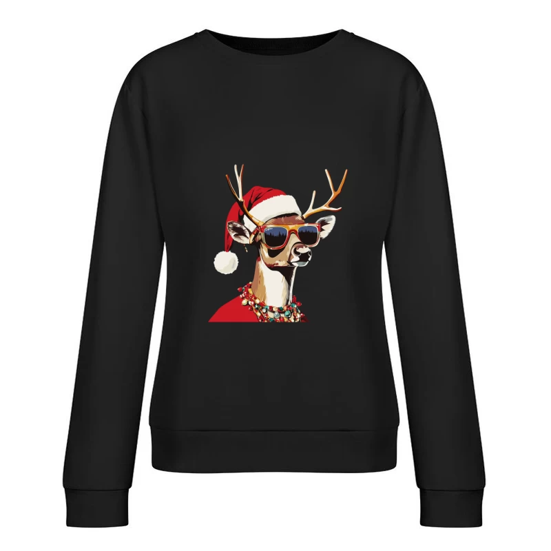 Cool Christmas Reindeer Wearing Sunglasses and Holiday Decorations Female Pullover Sweatshirt