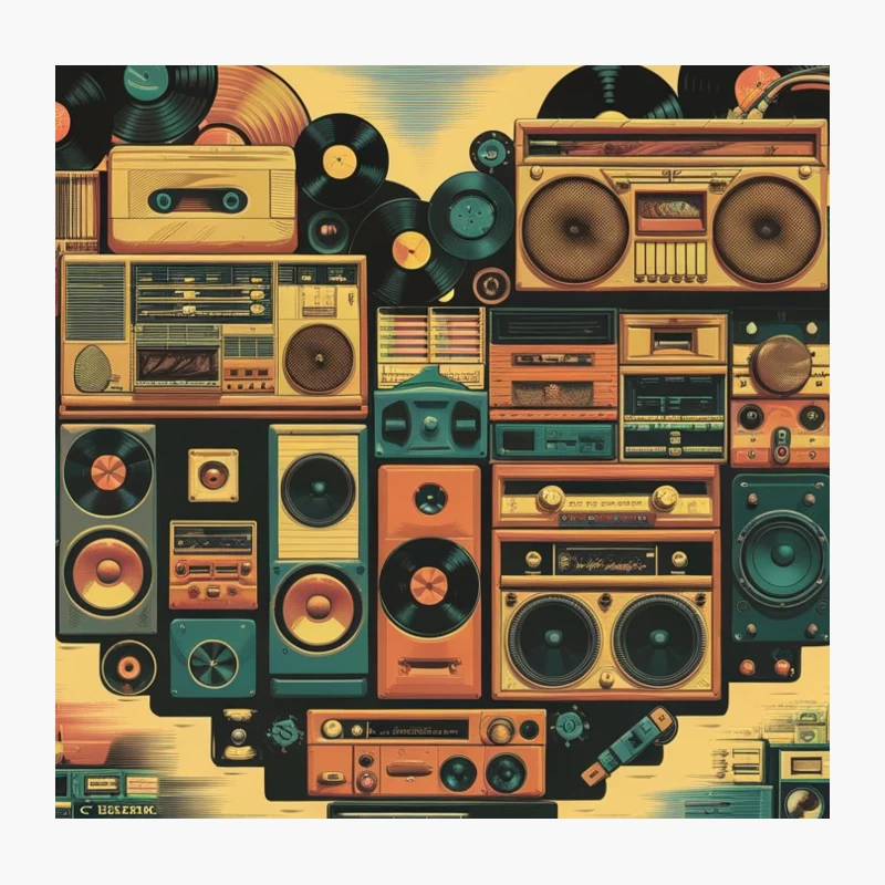 Nostalgic Audio Collage: A Symphony of Vintage Music Devices Throw Pillow