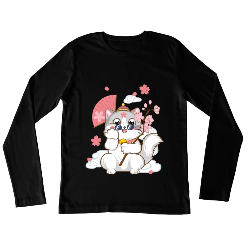 Niedliche Katze mit Kirschblüten und Fächer Damen Langarm T-Shirt