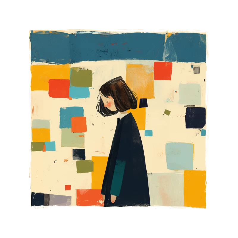 Minimalist Illustration of Figure in Black Coat Against Colorful Abstract Squares Tapestry