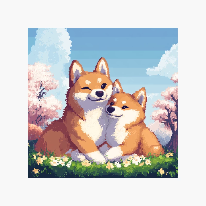 Adorable Pixel Art Shiba Inus in Spring Cherry Blossom Scene Cotton Tote Bag