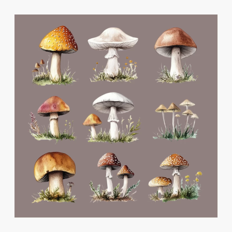 Watercolor Botanical Illustration of Various Mushroom Species Pin