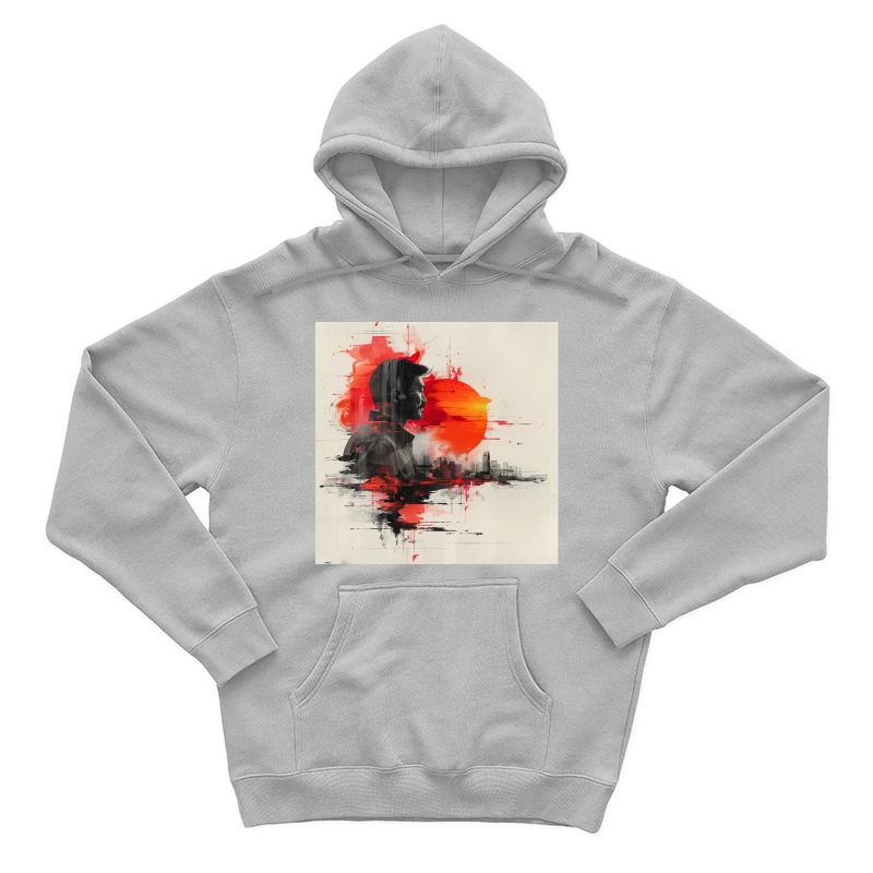 Urban Silhouette in Crimson Sunset Male Pullover Hoodie