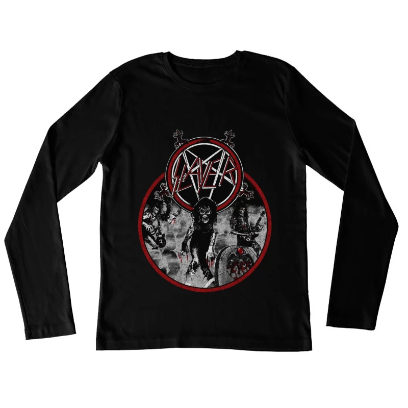 Slayer Heavy Metal Band Logo with Dark Horror-Themed Artwork Female Long Sleeve T-Shirt