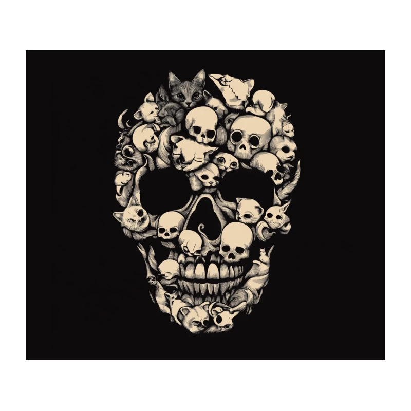Feline Skull Composition: A Macabre Monochrome Masterpiece Tapestry