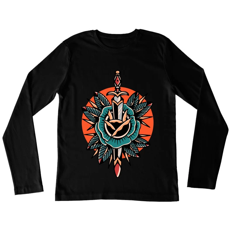 Decorative Sword and Rose Illustration Female Long Sleeve T-Shirt