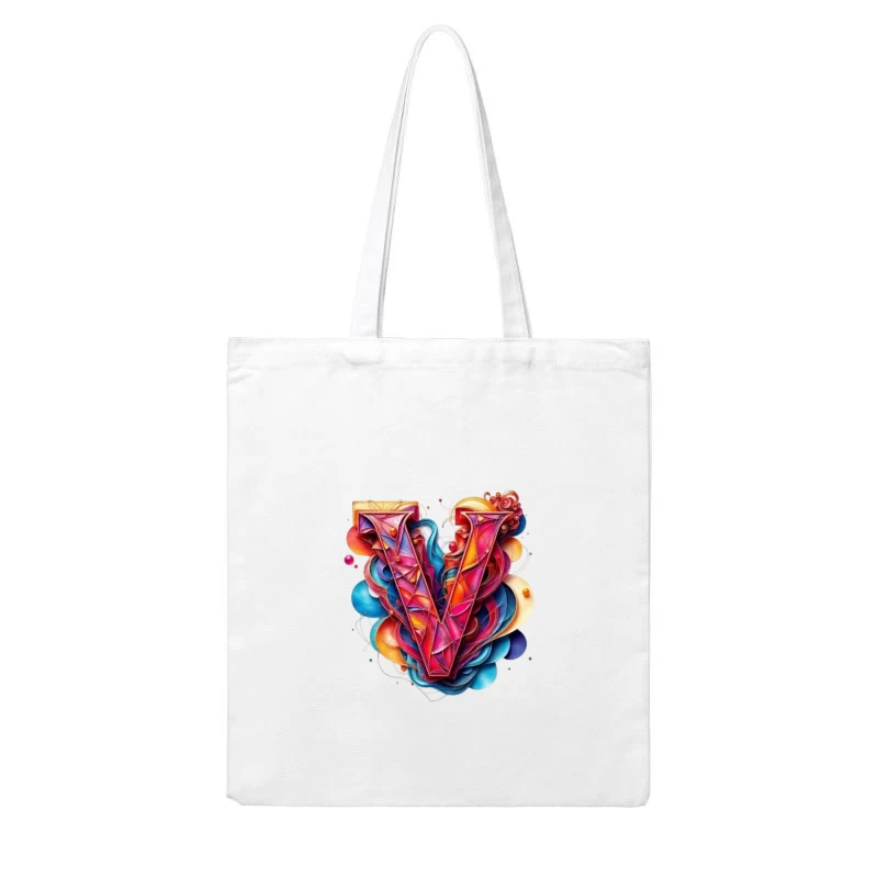 Vibrant Geometric Letter V with Abstract Swirls Cotton Tote Bag