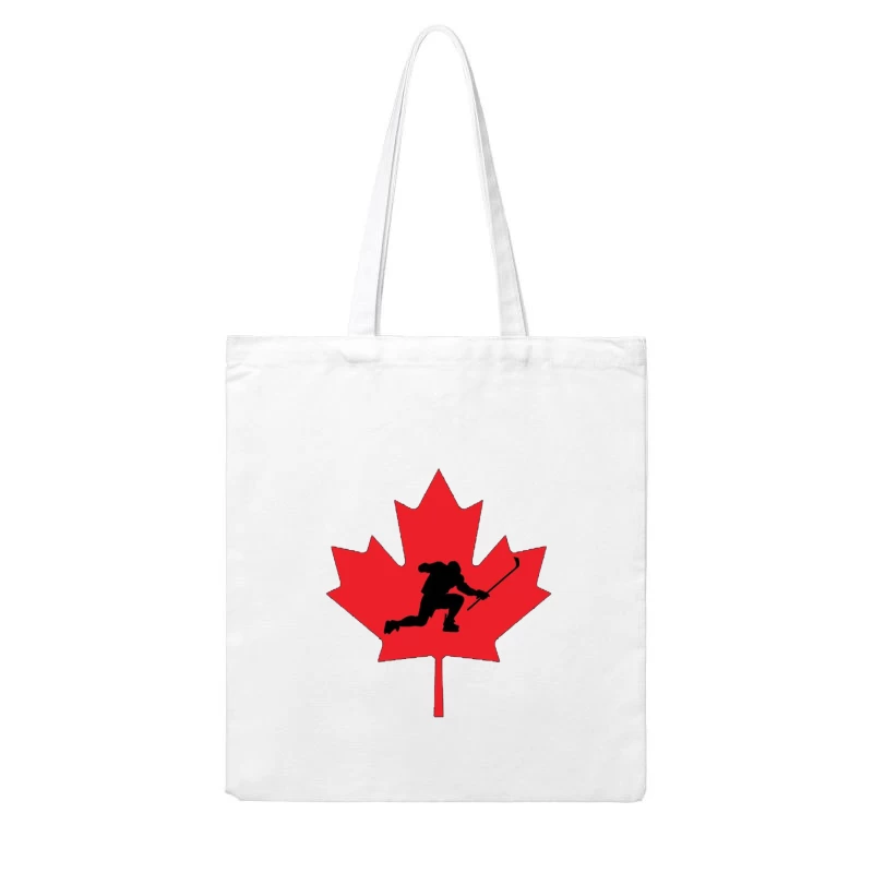 Canadian Hockey Player Silhouette on Red Maple Leaf Cotton Tote Bag