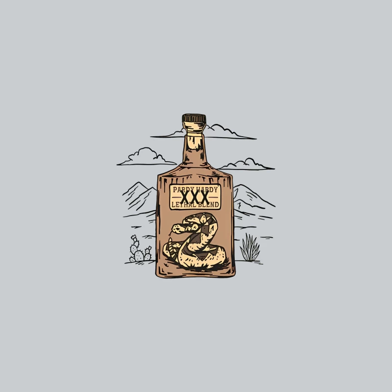 Desert Snake Whiskey Bottle Illustration with Mountain Background Baseball Cap