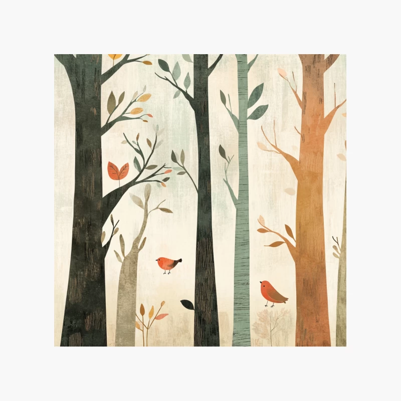 Minimalist Autumn Forest with Birds Illustration Cotton Tote Bag