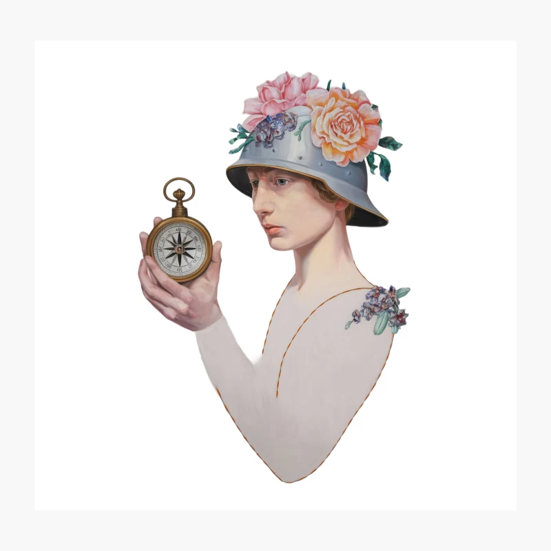 Surreal Vintage Portrait with Floral Hat and Compass Throw Pillow