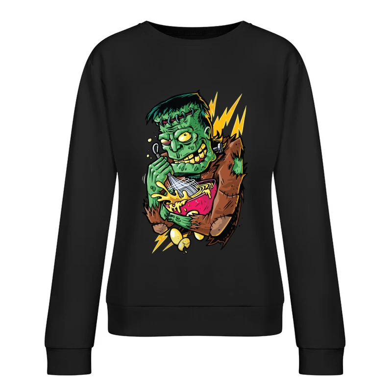 Playful Cartoon Frankenstein Monster with Food Female Pullover Sweatshirt