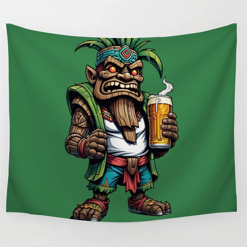 Angry Tribal Character with Beer Tapestry