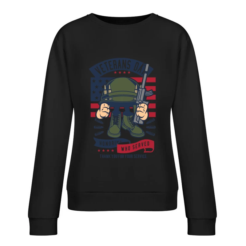 Hommage aux anciens combattants: casque militaire et bottes sur fond de drapeau américain Femme Sweat-shirt à enfiler