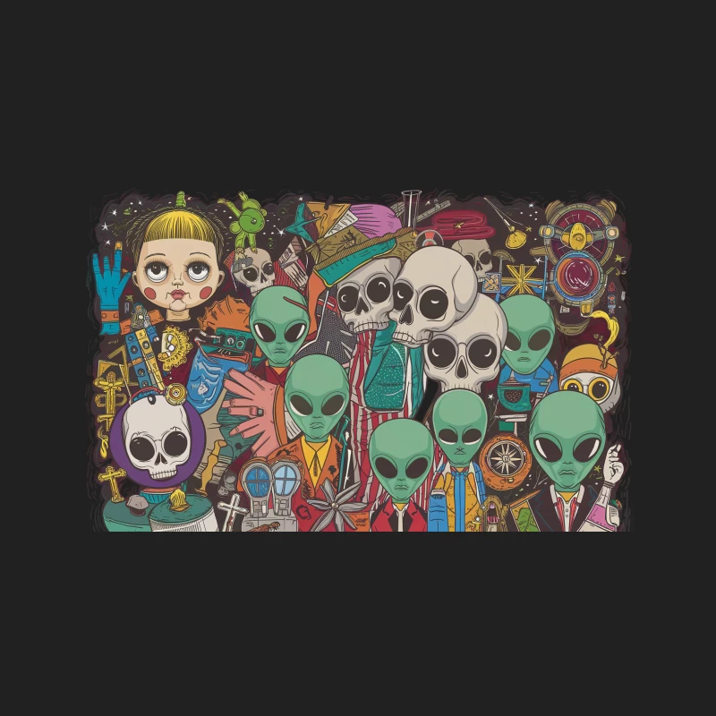 Surreal Alien and Skull Pop Art Doodle Bucket Hat