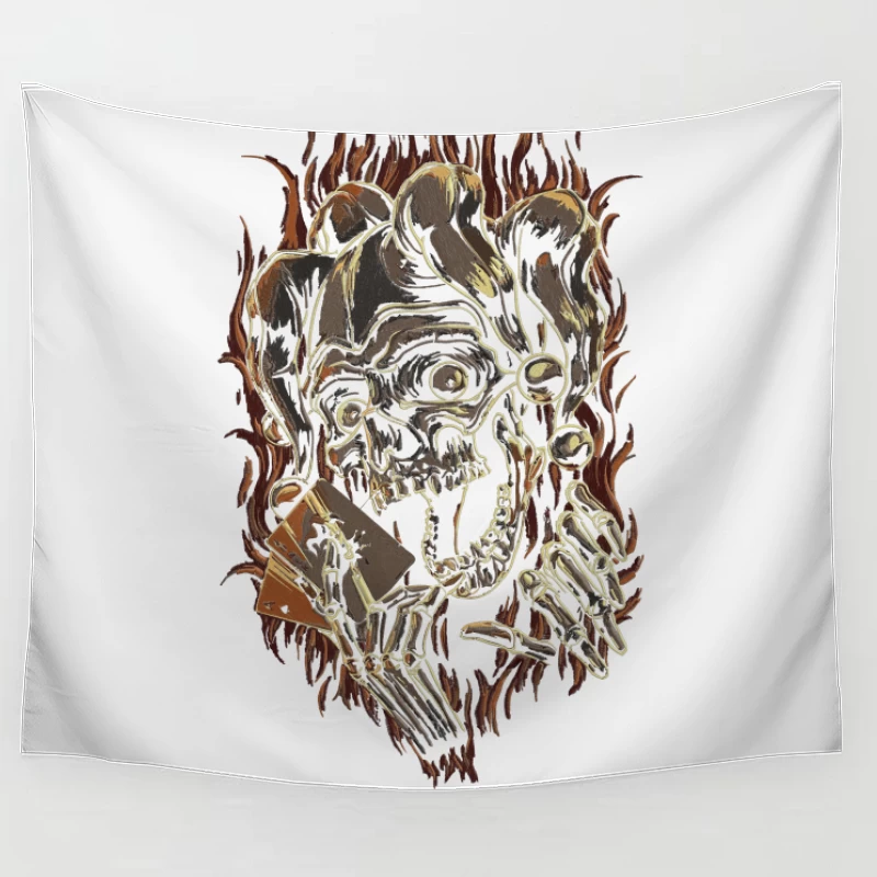 Skull Jester with Playing Cards and Flames Tapestry
