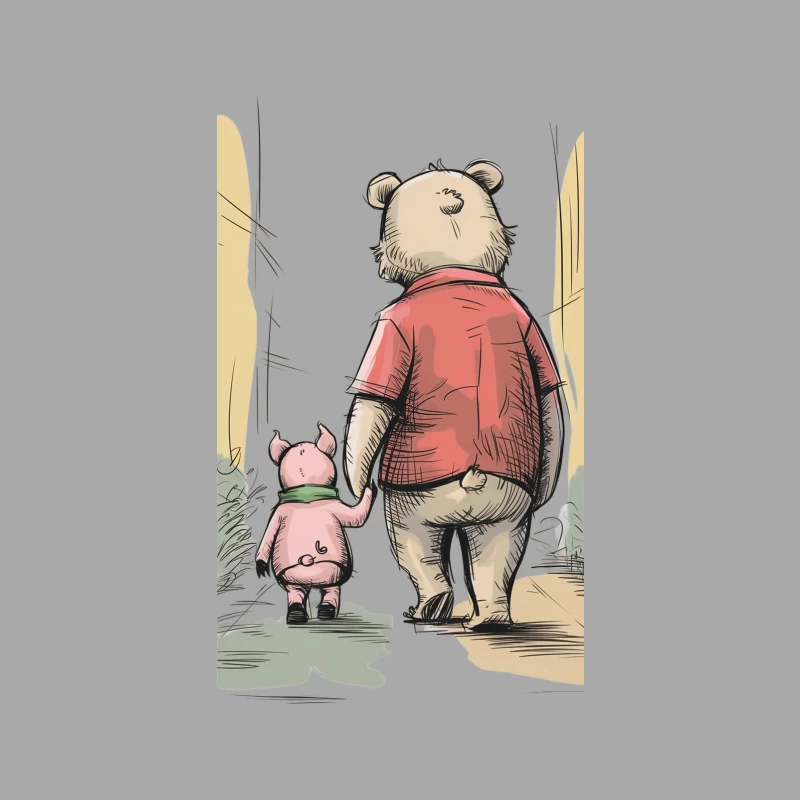 Nostalgic Illustration of Winnie the Pooh and Piglet's Friendship Walk Male Pullover Hoodie