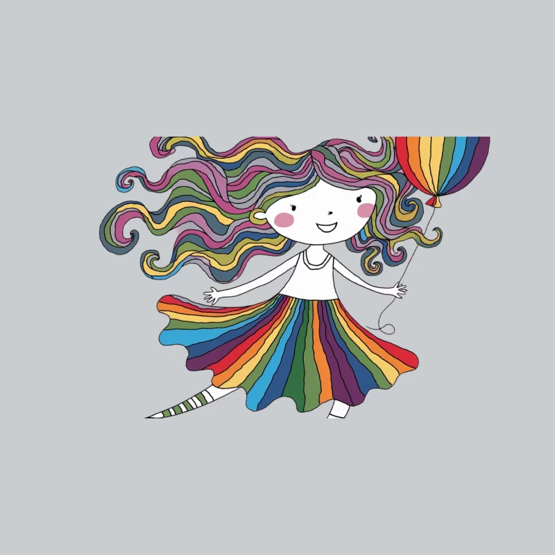 Whimsical Rainbow Character with Colorful Hair and Hot Air Balloon Baseball Cap