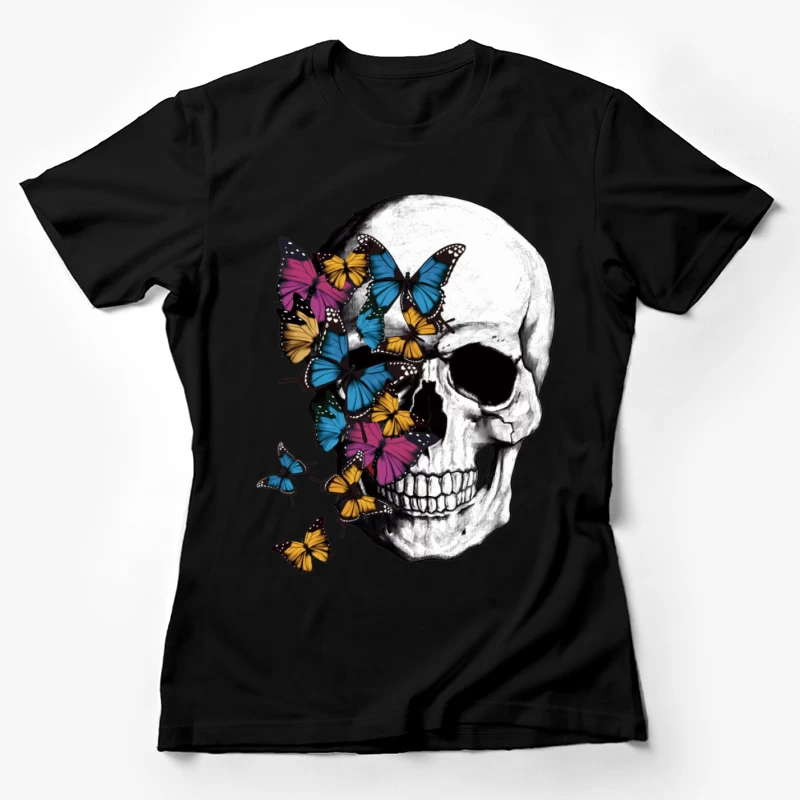 Totenkopf umgeben von bunten Schmetterlingen Damen T-Shirt
