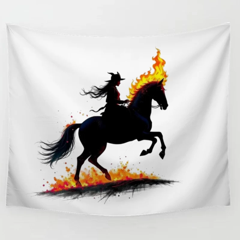 Mystical Dark Rider with Flaming Horse Silhouette Tapestry