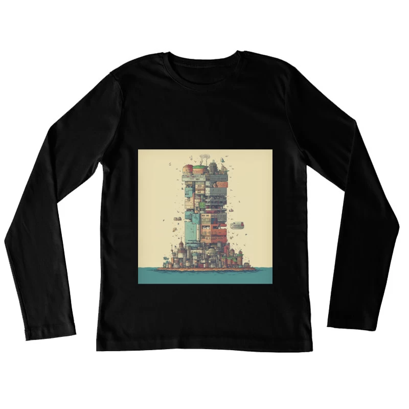 Retro-Futuristic Vertical City Island Female Long Sleeve T-Shirt