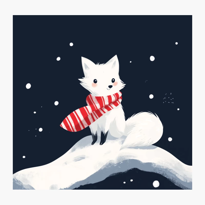 Cute Arctic Fox in Winter with Red Striped Scarf Throw Pillow