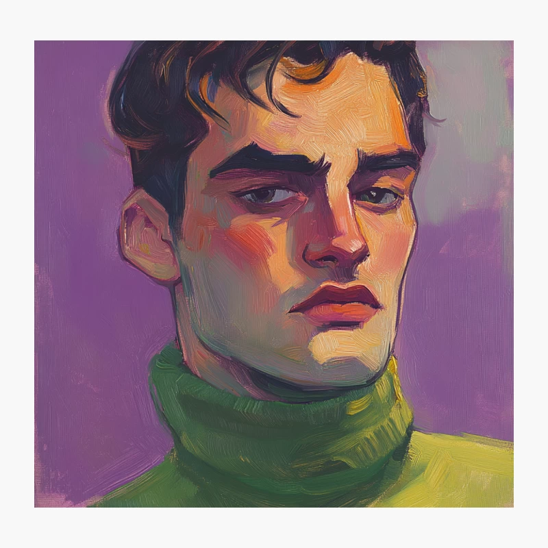 Contemporary Digital Portrait with Green Turtleneck Against Purple Background Throw Pillow