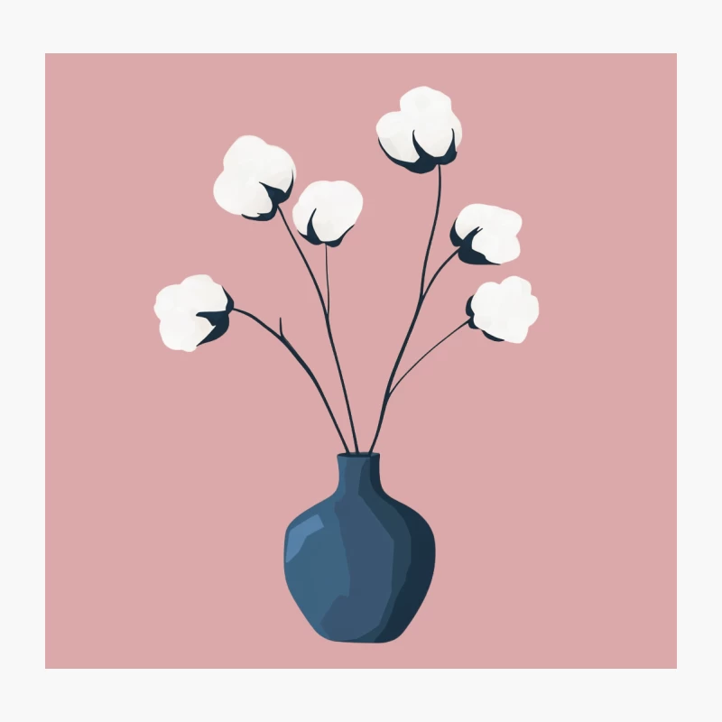 Minimalist Blue Vase with Cotton Flowers Illustration Throw Pillow