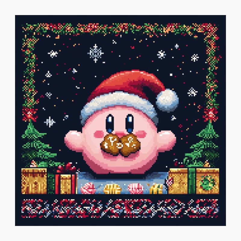 Festive Pixel Art Kirby Christmas Scene with Presents Pin