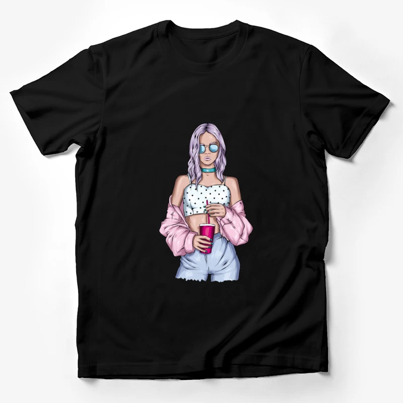 Trendy Young Woman with Drink Male T-Shirt