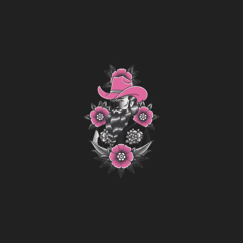 Bearded Cowboy with Pink Hat in Floral Tattoo Style Bucket Hat