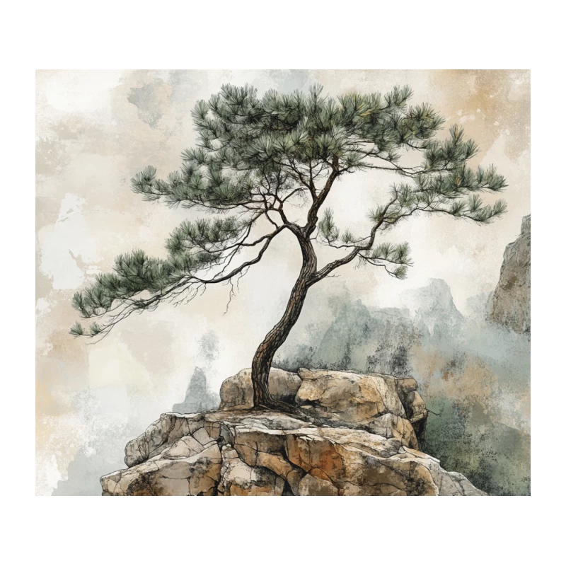 Solitary Pine on Misty Mountain Cliff: Tranquil Asian Watercolor Landscape Tapestry