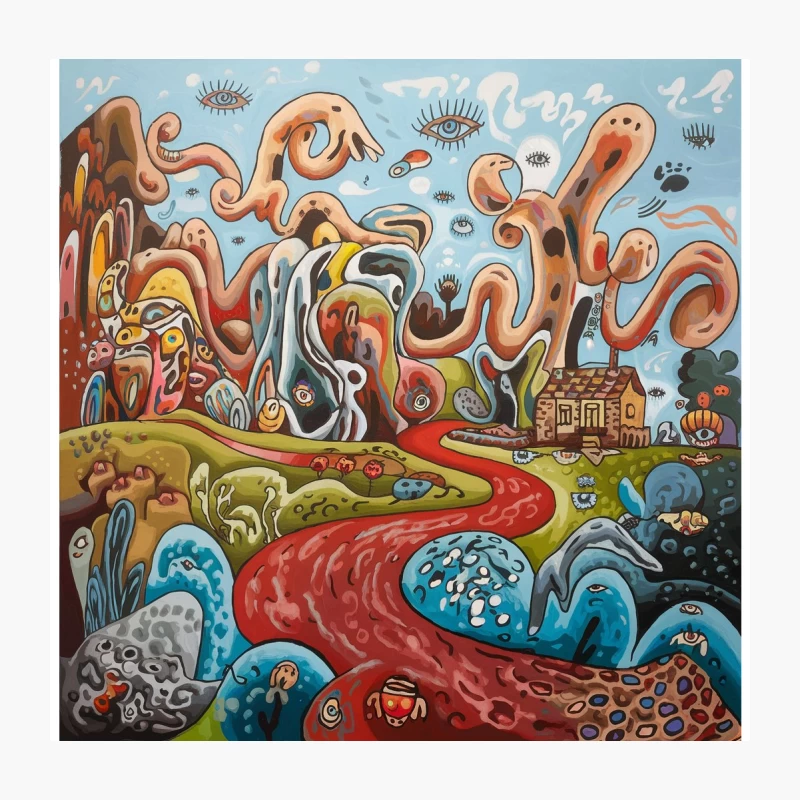 Surreal Psychedelic Dreamscape with Eyes and Nature Throw Pillow