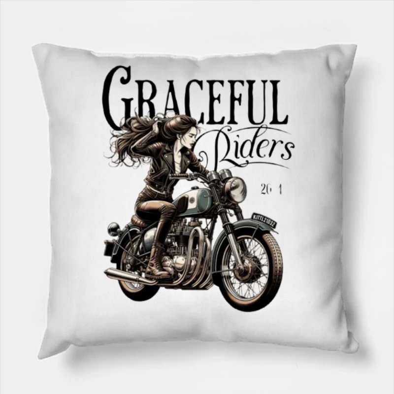 Graceful Riders: Vintage Motorcycle Art with Female Motorcyclist Throw Pillow