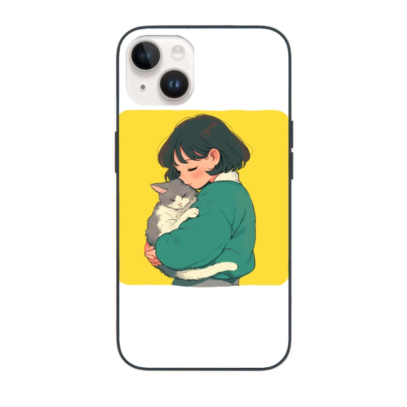 Gentle Embrace: Girl in Green Cuddling Gray Cat iPhone Case