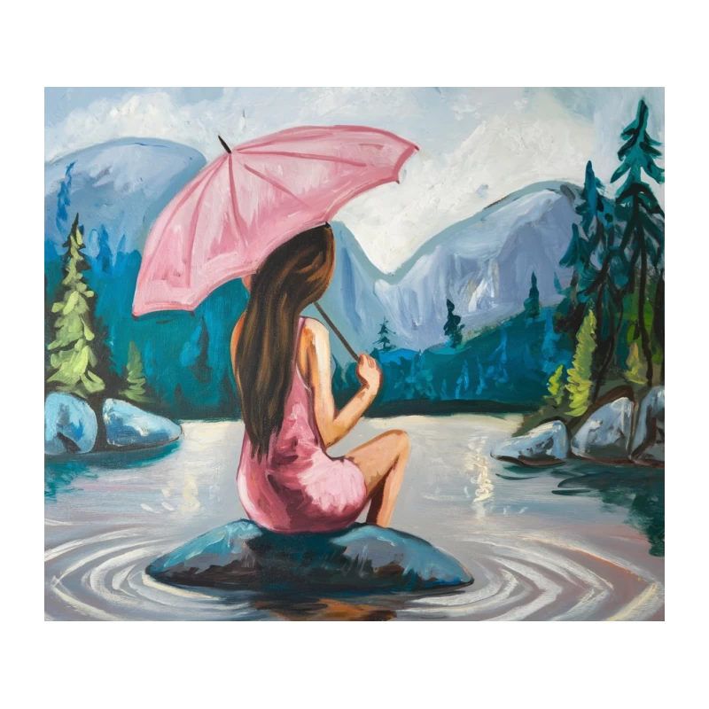 Serene Lake View: Woman with Pink Umbrella Amidst Mountains Tapestry