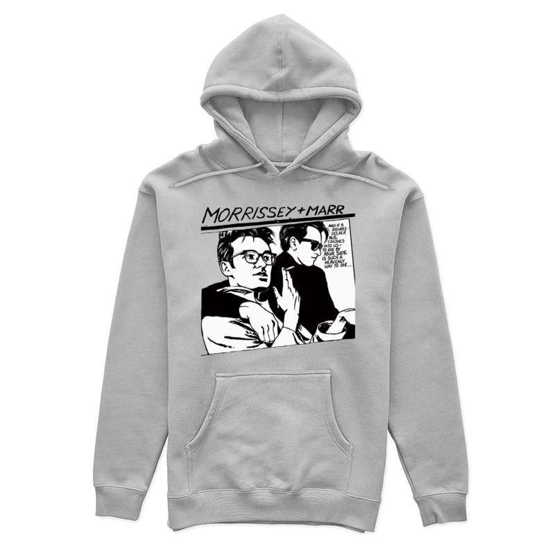 Black and White Comic Style Portrait of Morrissey and Marr with Dark Humor Quote Female Pullover Hoodie