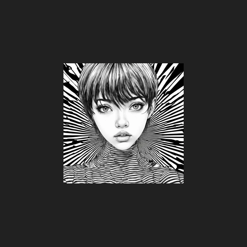 Striking Black and White Manga-Style Portrait with Hypnotic Striped Pattern Bucket Hat